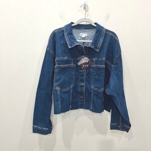Ava & Viv Womens 3X Blue Denim Jacket Cropped Raw Hem Stretch Dark Wash New